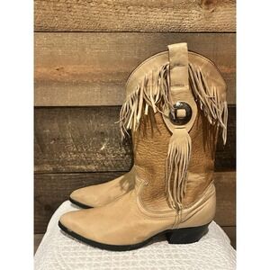 Vintage Women's ACME Creme Beige Fringe Cowboy Boots Heeled 7
